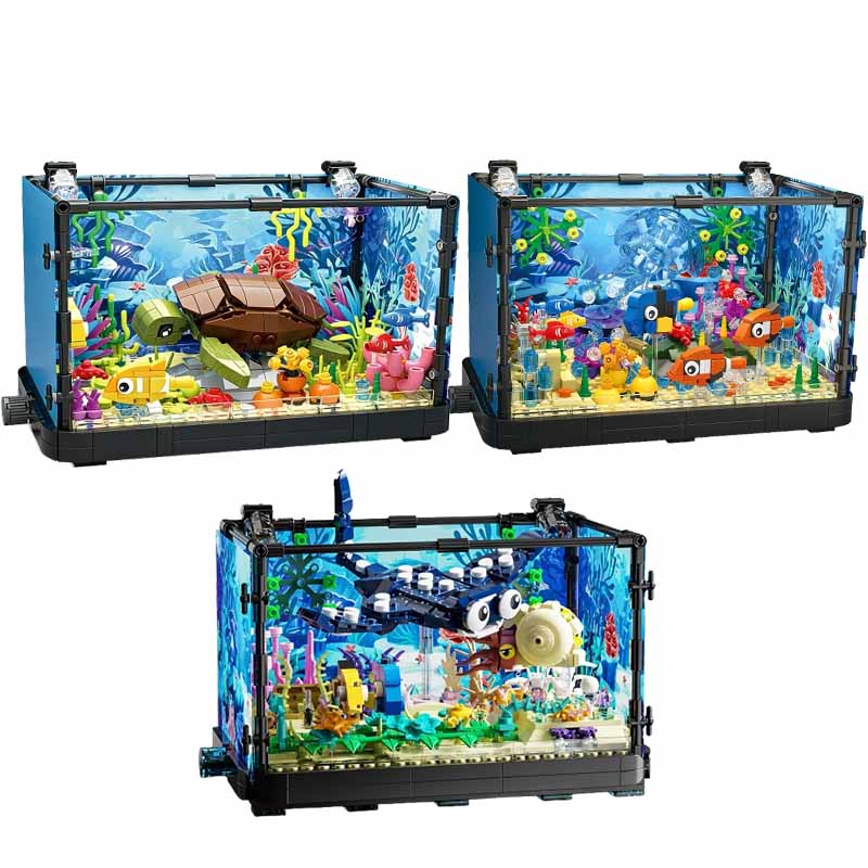Aquarium Fish Gallery - ライト付き水槽ビルディングブロックセット、水槽、海洋カメ、14歳以上の子供向けビルディングブロックおもちゃ、ギフト、家の装飾